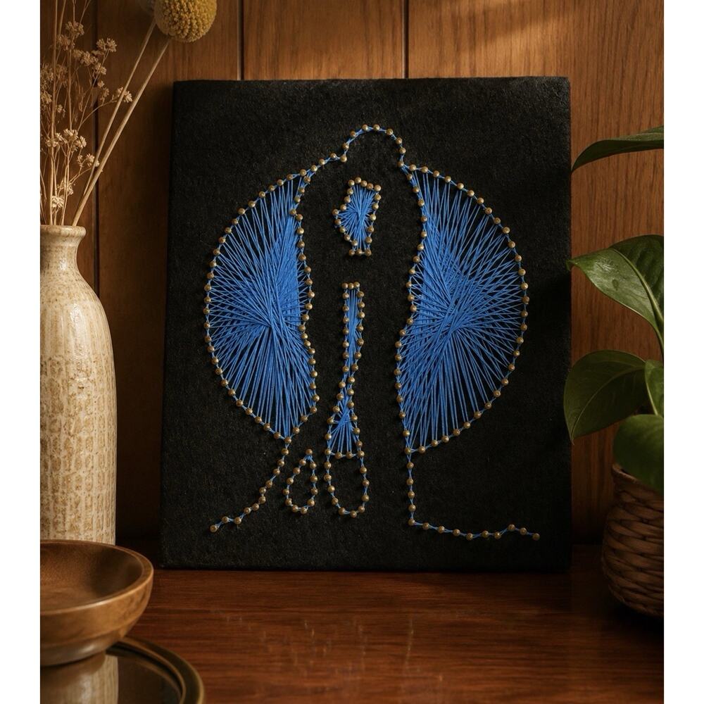 Vintage 1970 Abstract Blue on Black String Nail Head Art MCM Intricate Handmade